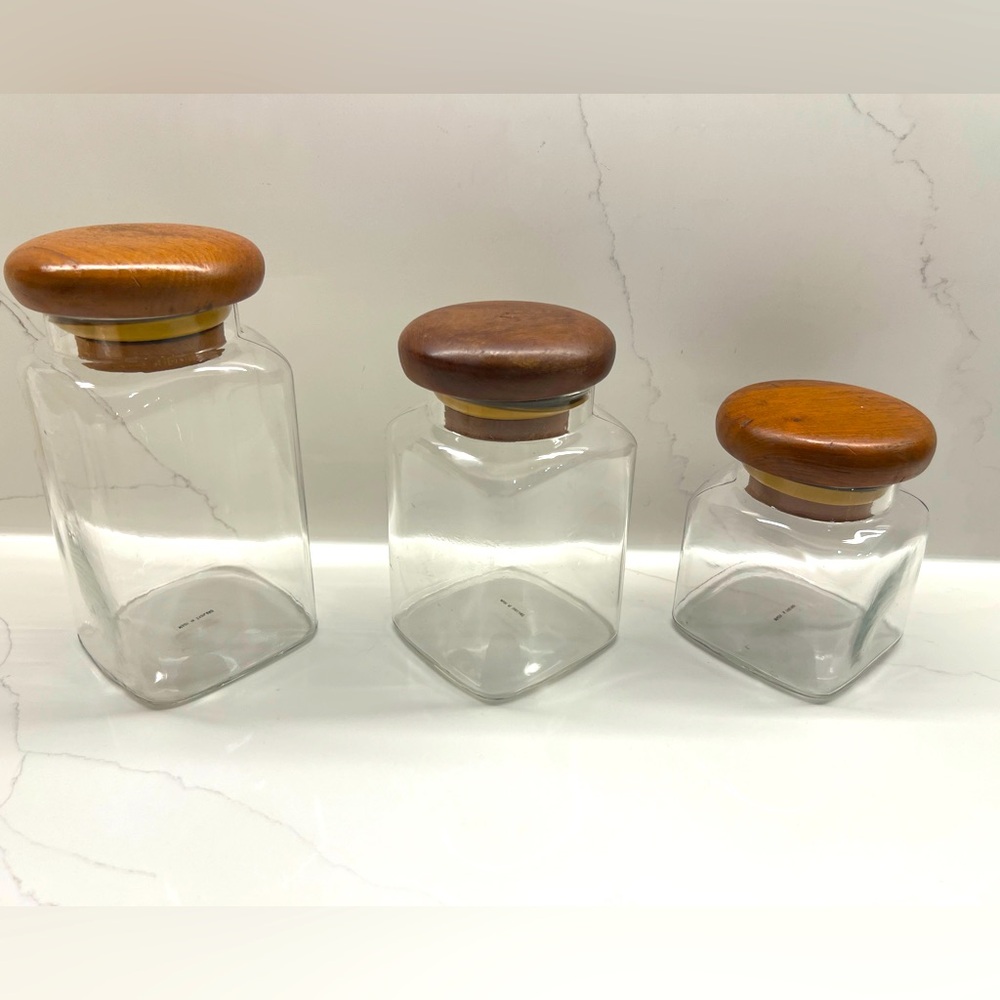 Set of 3 Mid Century Modern Baker Hart & Stuart Glass Canisters With Teak Lids